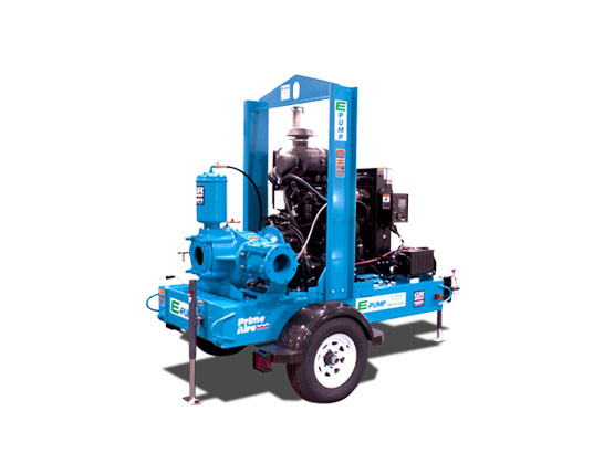 Blue diesel-driven centrifugal pump on trailer mount, available from E-Tank for industrial dewatering, bypass, and fluid transfer applications.