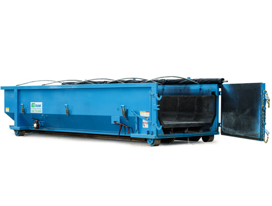 E-Tank 25-Yard Tarp Top Dewatering Box with open rear door for efficient sludge and sediment containment on industrial and construction sites