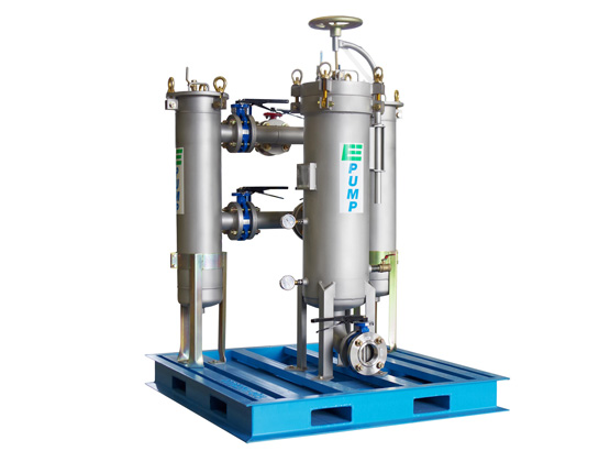 Skid-mounted stainless steel cartridge filtration system from E-Tank, used for removing suspended solids in industrial water treatment and environmental remediation projects.