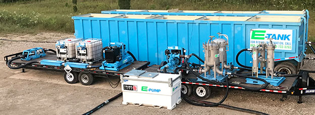 E-Tank and E-Pump mobile filtration system using coagulant and flocculant treatment for water clarification and solids removal in environmental projects