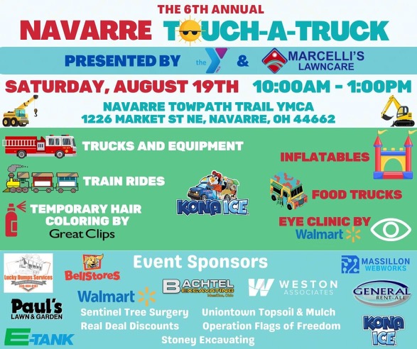 Navarre Touch-A-Truck event flyer listing sponsors including E-Tank and details of community event with trucks, train rides, and activities