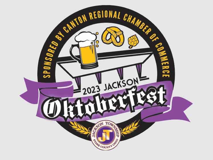 Logo for 2023 Jackson Oktoberfest sponsored by Canton Regional Chamber of Commerce, featuring beer, pretzel, and hop graphics