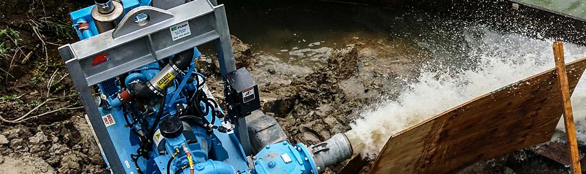 Environmental remediation equipment rentals featuring high-capacity pumps used for water transfer and containment during cleanup projects.