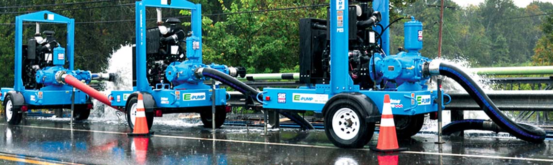 Municipal equipment rentals with mobile pump systems used for emergency response, sewer bypass, and stormwater control.
